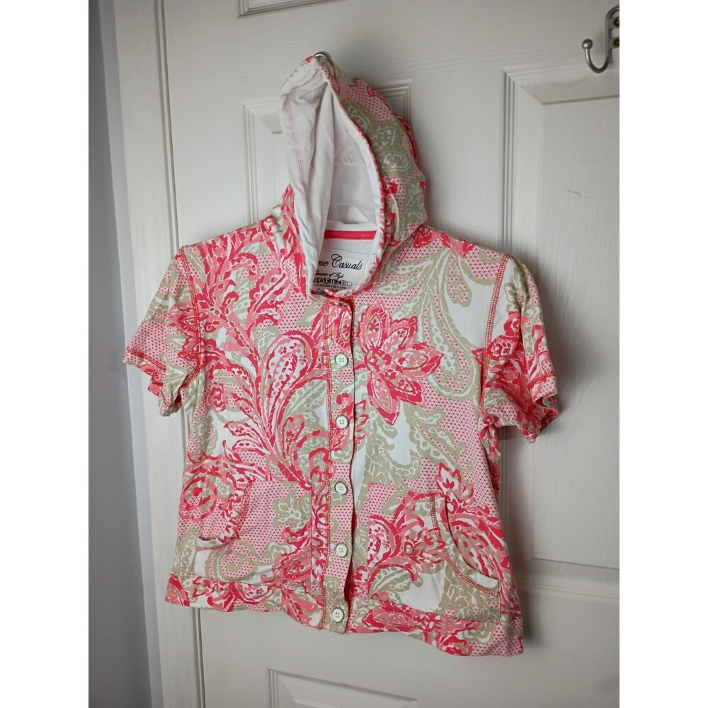 Onque Casual Woman M Hooded Shirt Sleeve Button Knit Vibrant Floral Top
